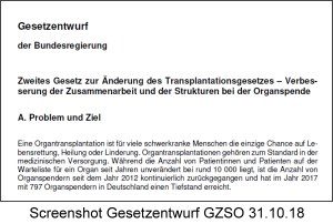 Entwurf Zweites Gesetz zur Änderung des Transplantationsgesetzes – Verbesserung der Zusammenarbeit und der Strukturen bei der Organspende (GZSO) vom 31.10.18